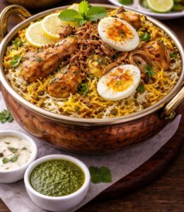 Hyderabadi chicken biryani served in a copper pot with raita and salad at Shivrudra Hotel Restaurant Lohegaon Pune