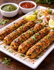 Juicy grilled chicken seekh kababs served hot with mint chutney at Shivrudra Hotel Lohegaon Pune.
