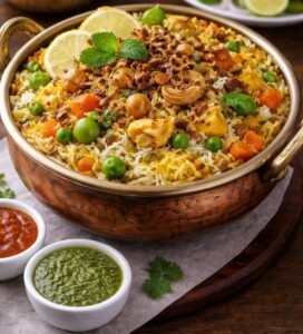 Veg biryani served in a brass handi with raita and salad at Shivrudra Hotel Lohegaon Pune