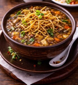 Steaming hot veg Manchow soup topped with crispy noodles and spring onions served at Shivrudra Hotel Restaurant Lohegaon Pune.