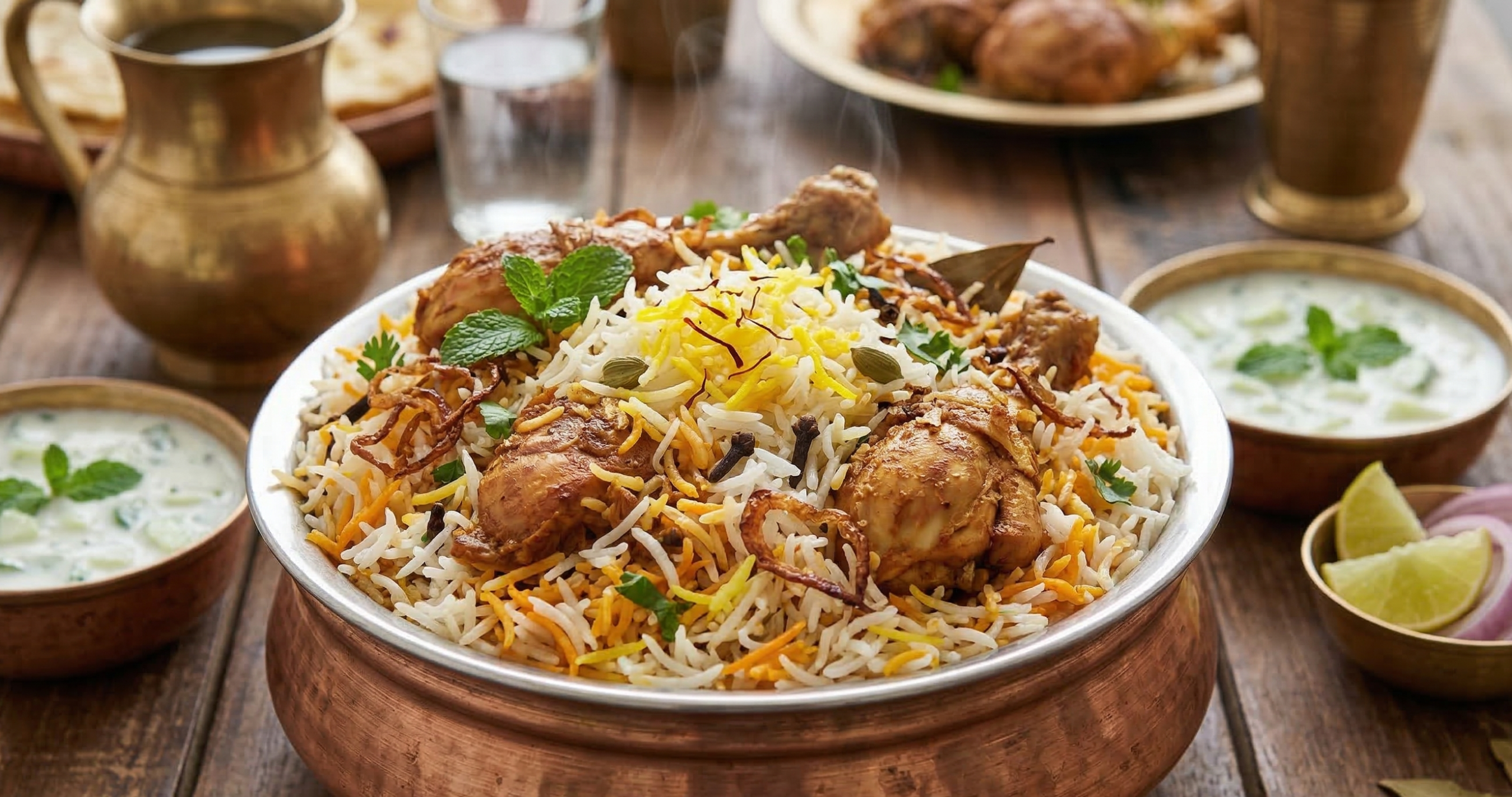 chicken biryani served in a copper pot with raita and salad at Shivrudra Hotel Restaurant Lohegaon Pune