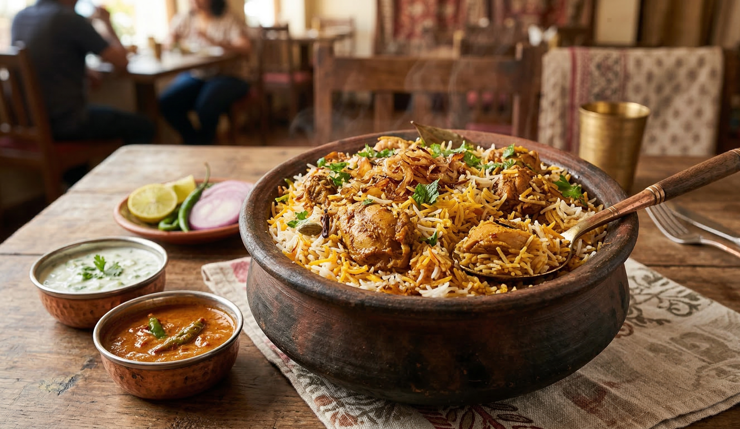Hyderabadi, chicken, veg biryani served in a copper pot with raita and salad at Shivrudra Hotel Restaurant Lohegaon Pune