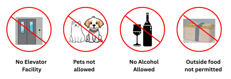 Hotel rules at Shivrudra Hotel Lohegaon Pune showing no elevator, no pets allowed, no alcohol allowed, and outside food not permitted
